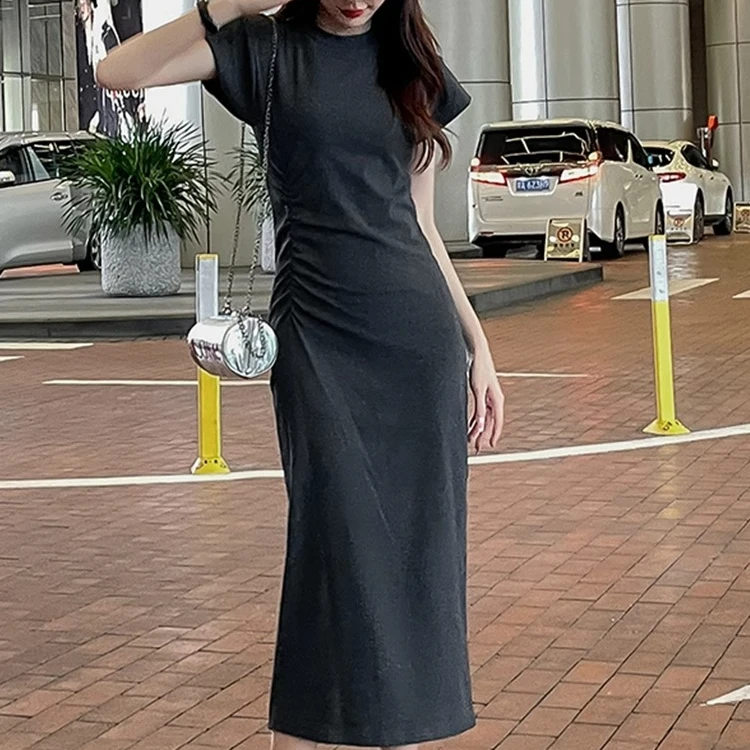 法式高级长裙夏季连衣裙女紧身修身包臀裙抽褶设计感小众裙子套装