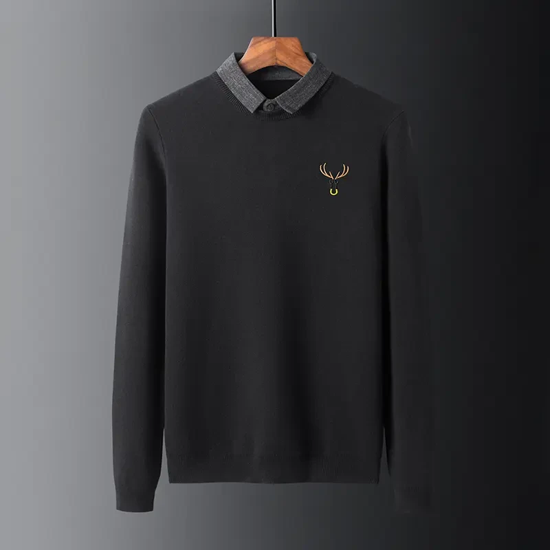 秋冬假两件毛衣男士轻商务加绒加厚衬衫领针织衫男修身打底男装潮