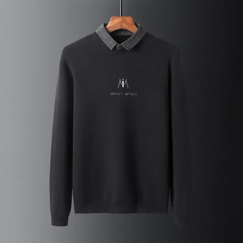 男装秋冬加厚假两件毛衣男士休闲时尚长袖打底衫衬衫领针织衫男潮