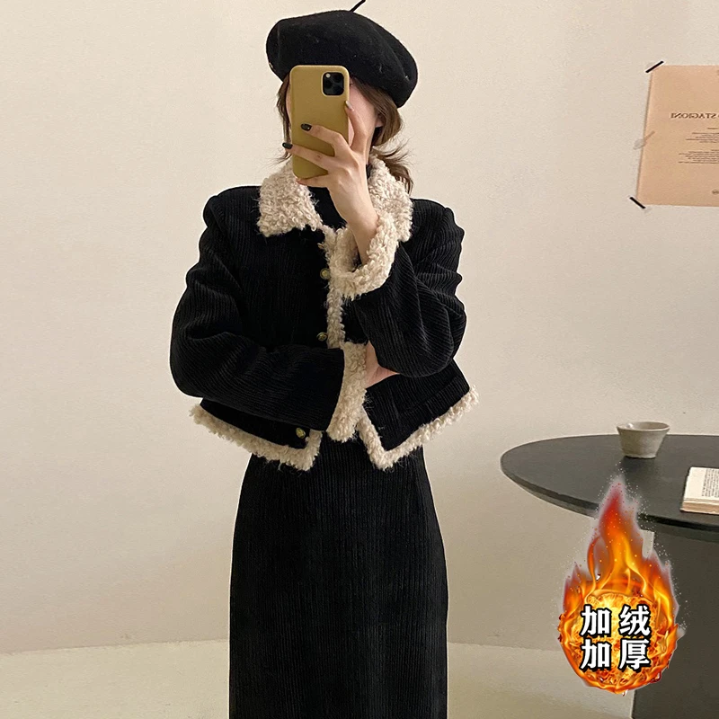 【加绒加厚】【两件套】秋冬小香风2025女高级感短外套半身裙套装2433