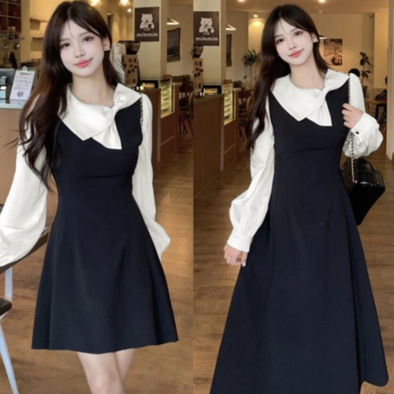 法式赫本风假两件黑色连衣裙秋2025新款富家千金风收腰a字裙2137