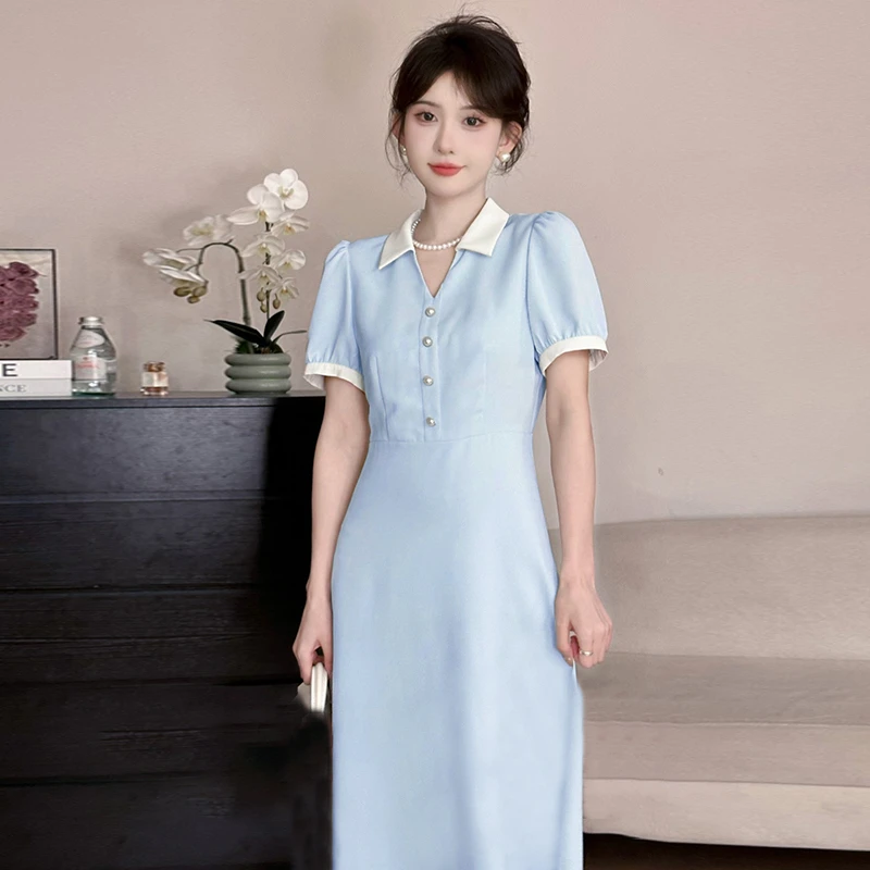 2025新款翻领收腰连衣裙女士夏装气质法式时尚洋气显瘦长裙1462