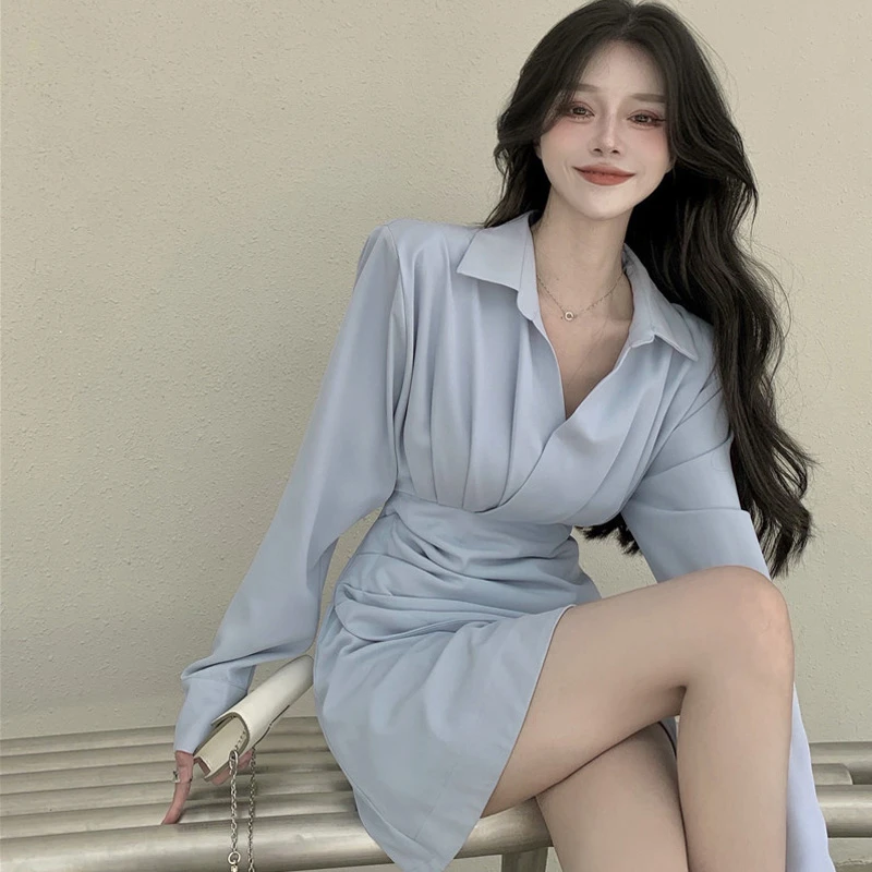 御姐风v领长袖蓝色衬衫连衣裙女设计感法式收腰褶皱包臀裙子6658