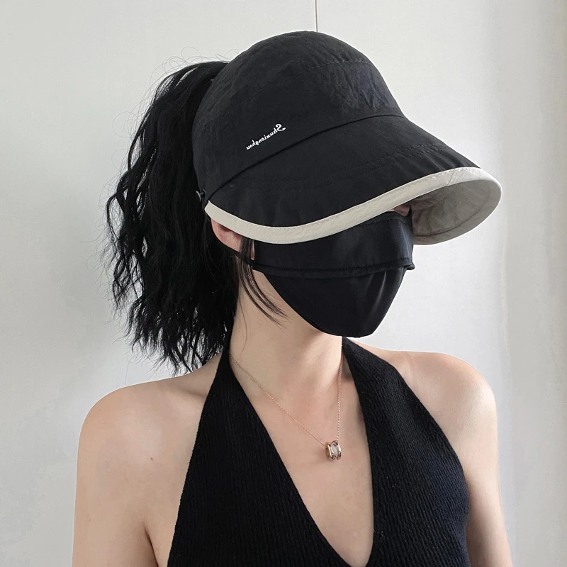 鸭舌渔夫帽女夏季空顶遮阳防晒帽防紫外线双面太阳帽子可扎高马尾