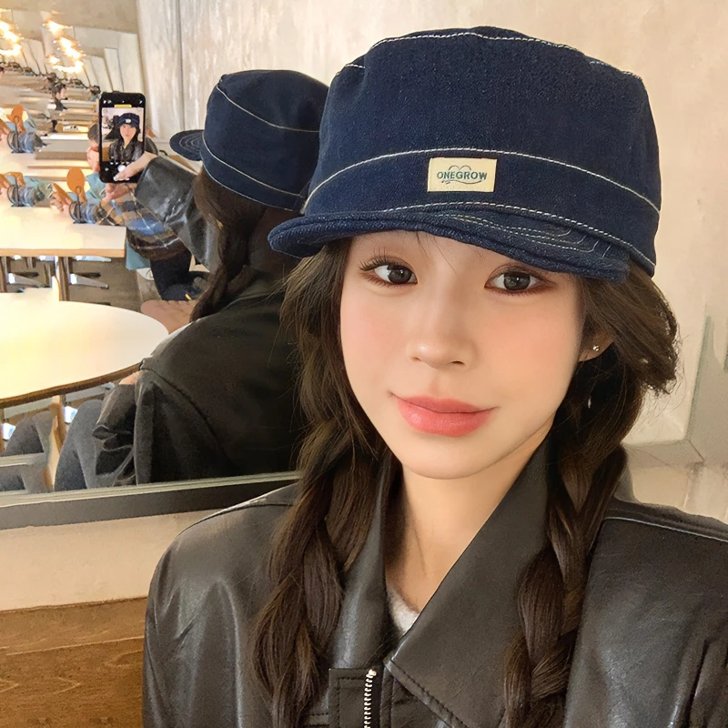 韩国小众新款牛仔平顶鸭舌帽女复古街头大头围显脸小加深八角帽潮