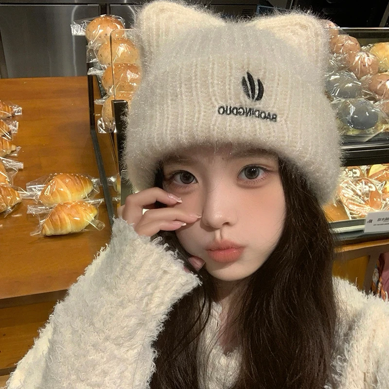 可爱毛绒绒毛线帽子女秋冬时尚潮百搭护耳防风大头围猫耳朵针织帽