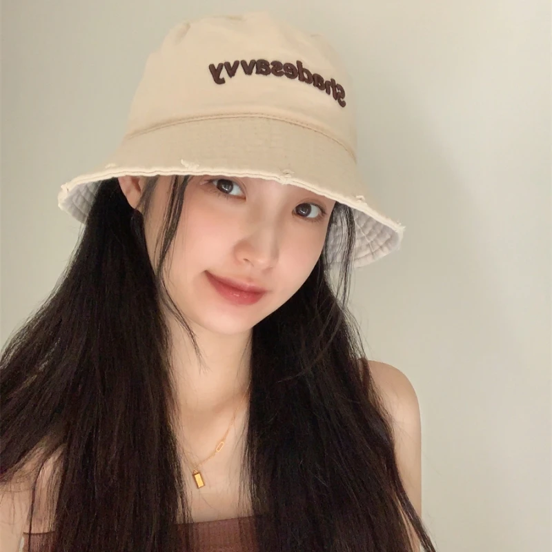 渔夫帽女2024新款韩版字母刺绣破边大檐春夏遮阳防晒显脸小盆帽男