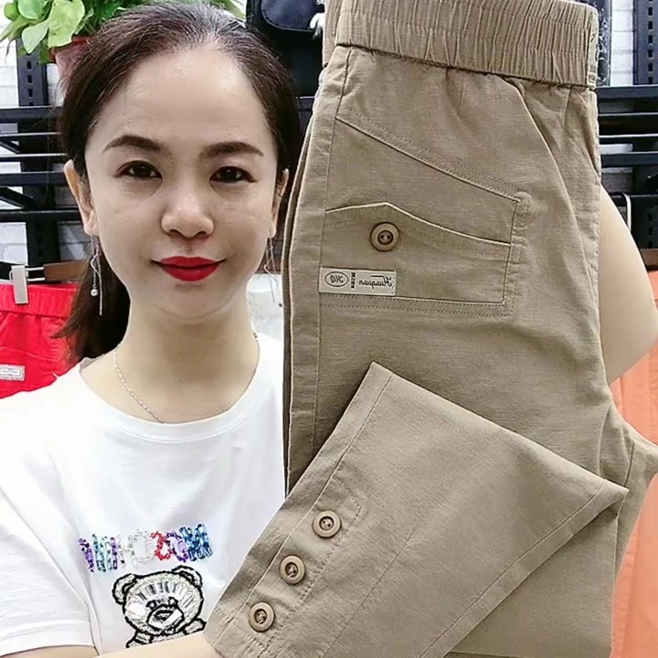 夏季新款百搭休闲裤宽松薄款显瘦韩版弹力时尚妈妈裤松紧腰九分裤