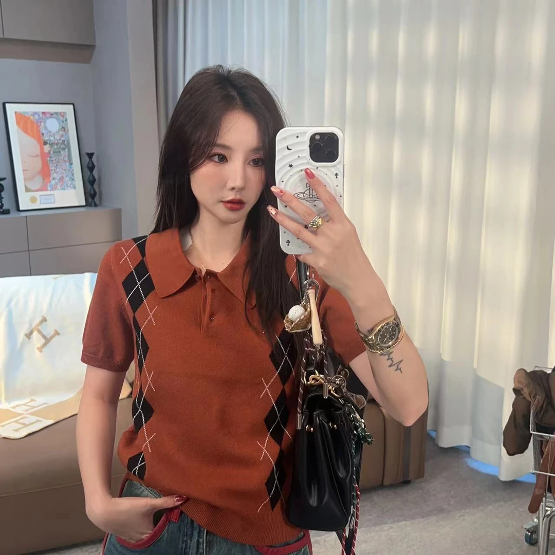 佳佳专属 · Ani-B272 菱格翻领撞色短袖针织上衣女polo领