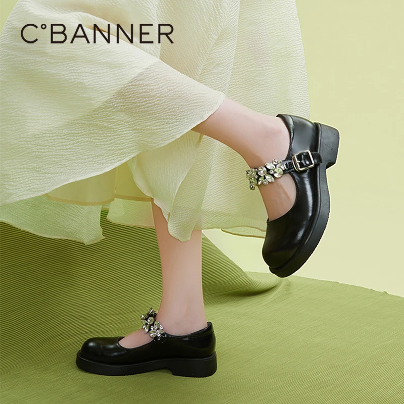 千百度夏季新品搭扣JK制服鞋圆头玛丽珍女单鞋甜美水钻真皮小皮鞋