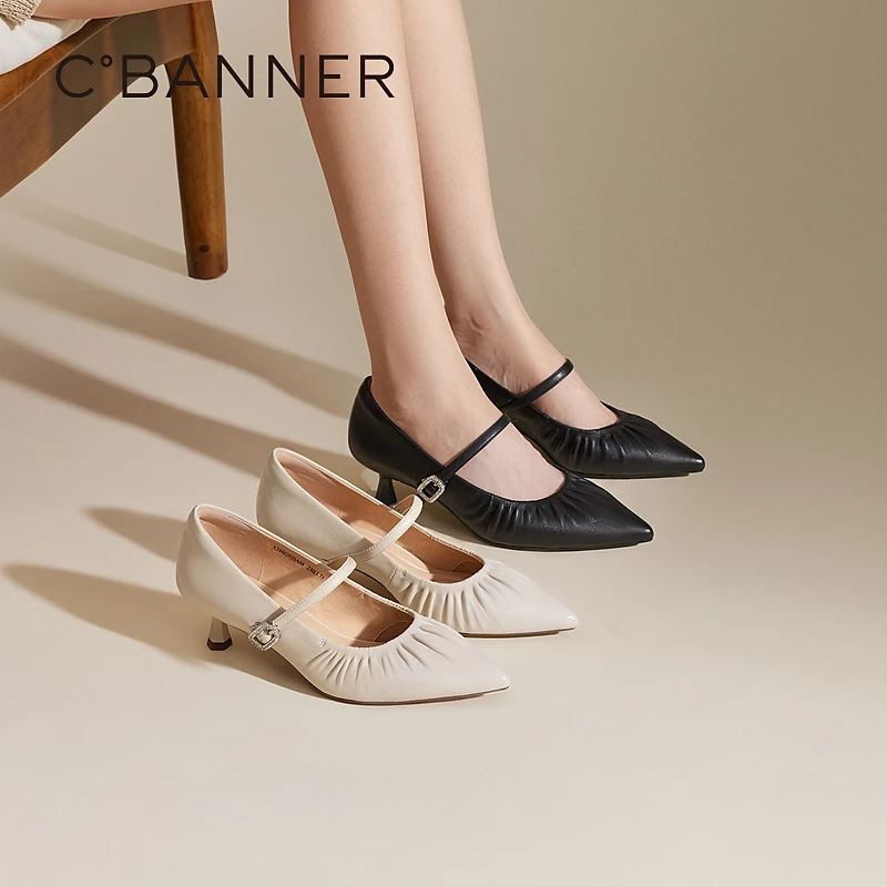 千百度褶皱小猫跟尖头玛丽珍鞋女秋季新款细跟中跟浅口百搭单鞋