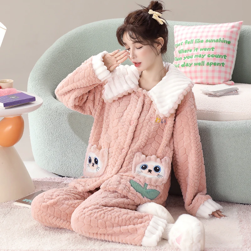 秋冬天新款甜美可爱卡通法兰绒家居服女士加绒珊瑚绒睡衣两件套