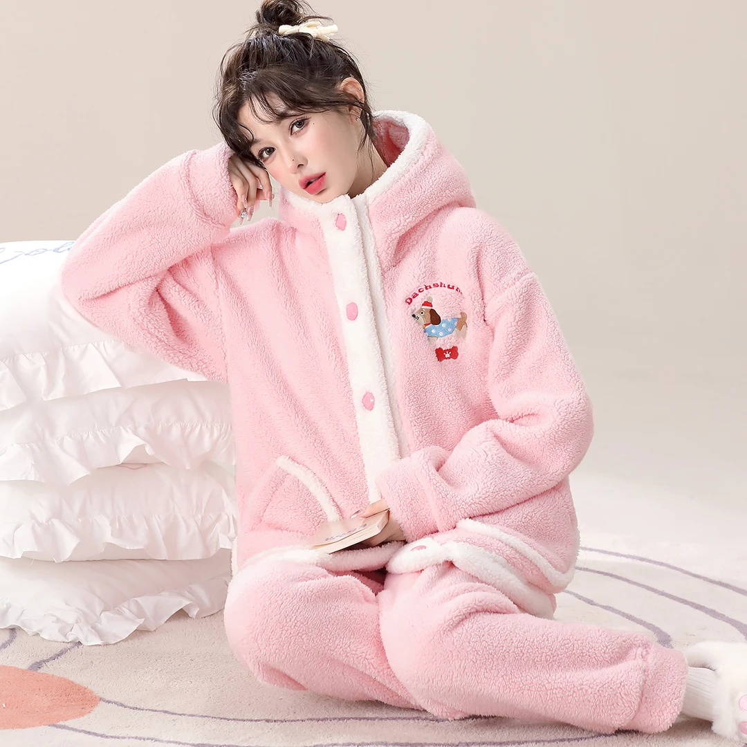 【慕斯粉】秋冬甜美可爱连帽加绒保暖可外穿女睡衣宽松毛绒家居服