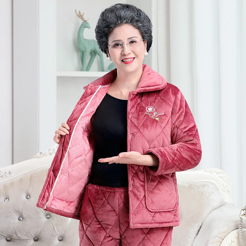 【水晶绒】中老年妈妈秋冬季加绒加厚夹棉法兰绒睡衣家居服套装保暖