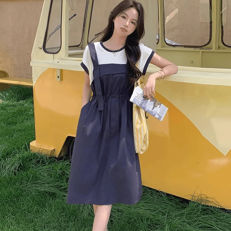 nuobeiyin/诺贝因夏季新款假两件拼接减龄背带连衣裙子 NTS680327