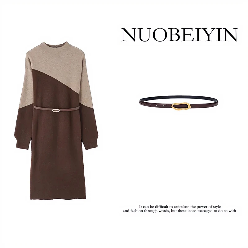 nuobeiyin/诺贝因冬季显瘦拼色半高领针织连衣裙  AMM1607 （清13）