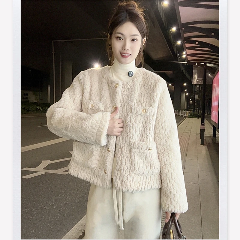 xby小香风毛绒外套女2024秋冬新款加绒加厚宽松圆领皮毛一体上衣