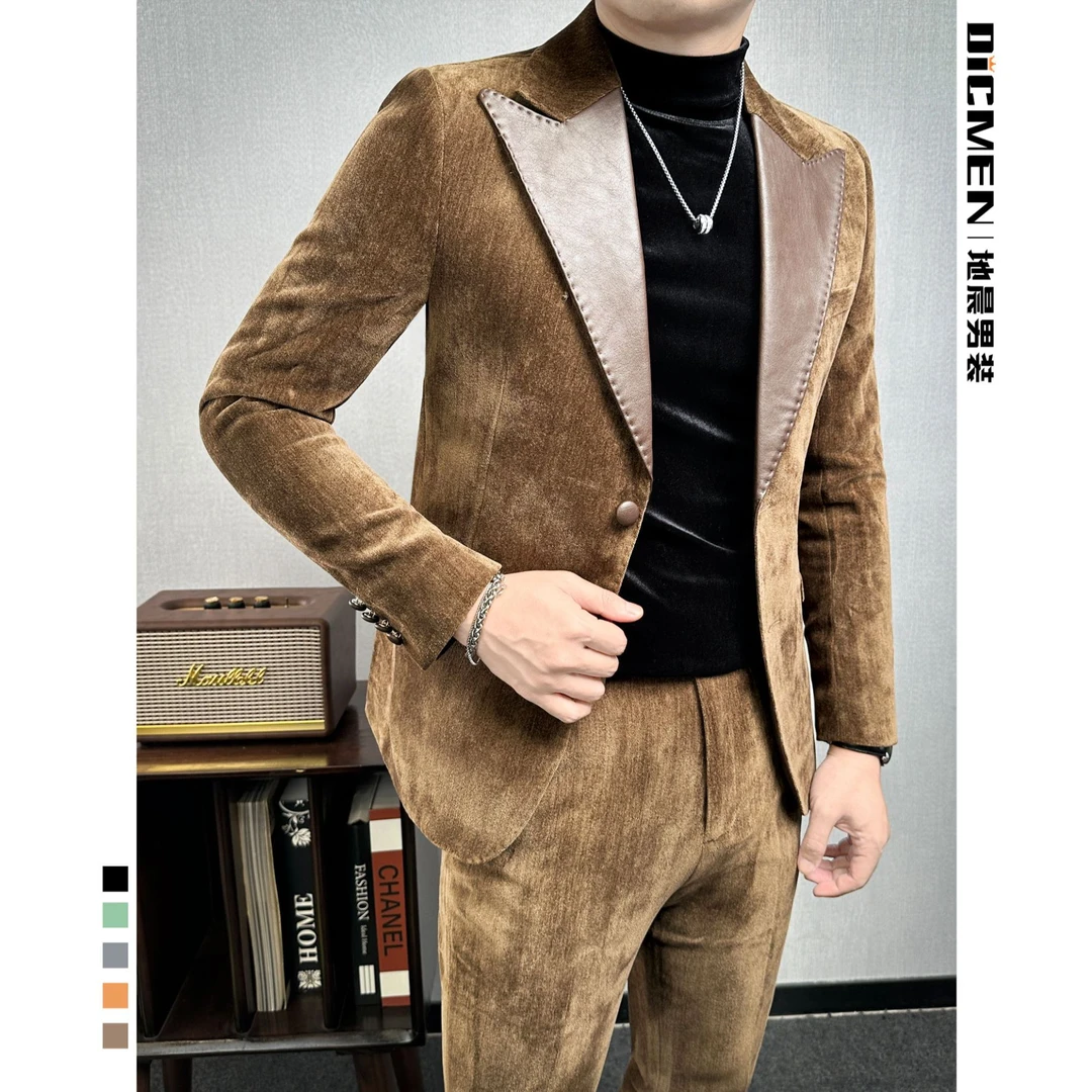 多巴胺男士西装套装爆款2024新款英伦风男装秋冬帅气拼皮休闲西服