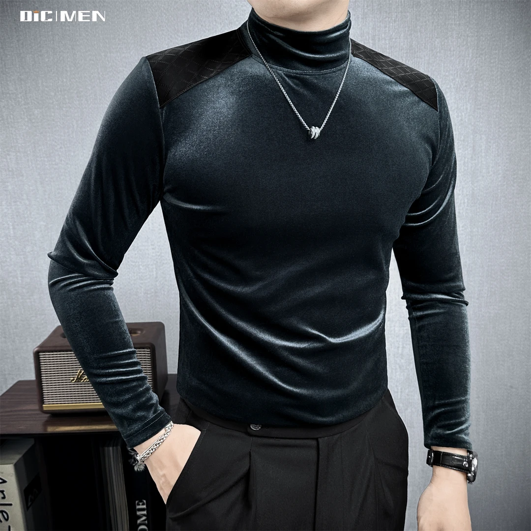 网红拼接打底衫男款秋冬半高领长袖衫男式修身丝绒小众设计感男装