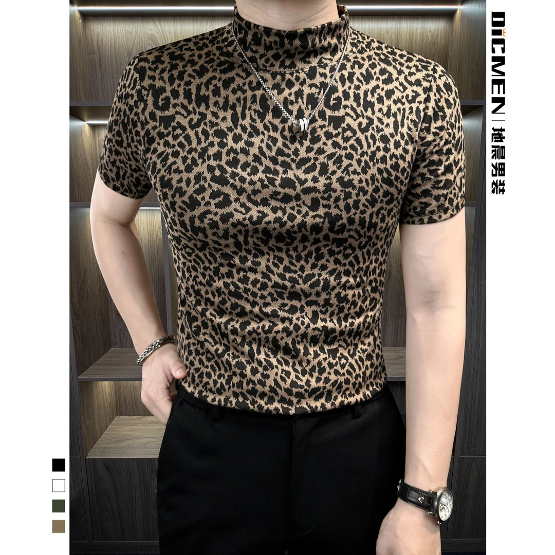 潮流轻奢豹纹短袖男t恤春夏季网红款痞帅感修身半高领打底衫男款