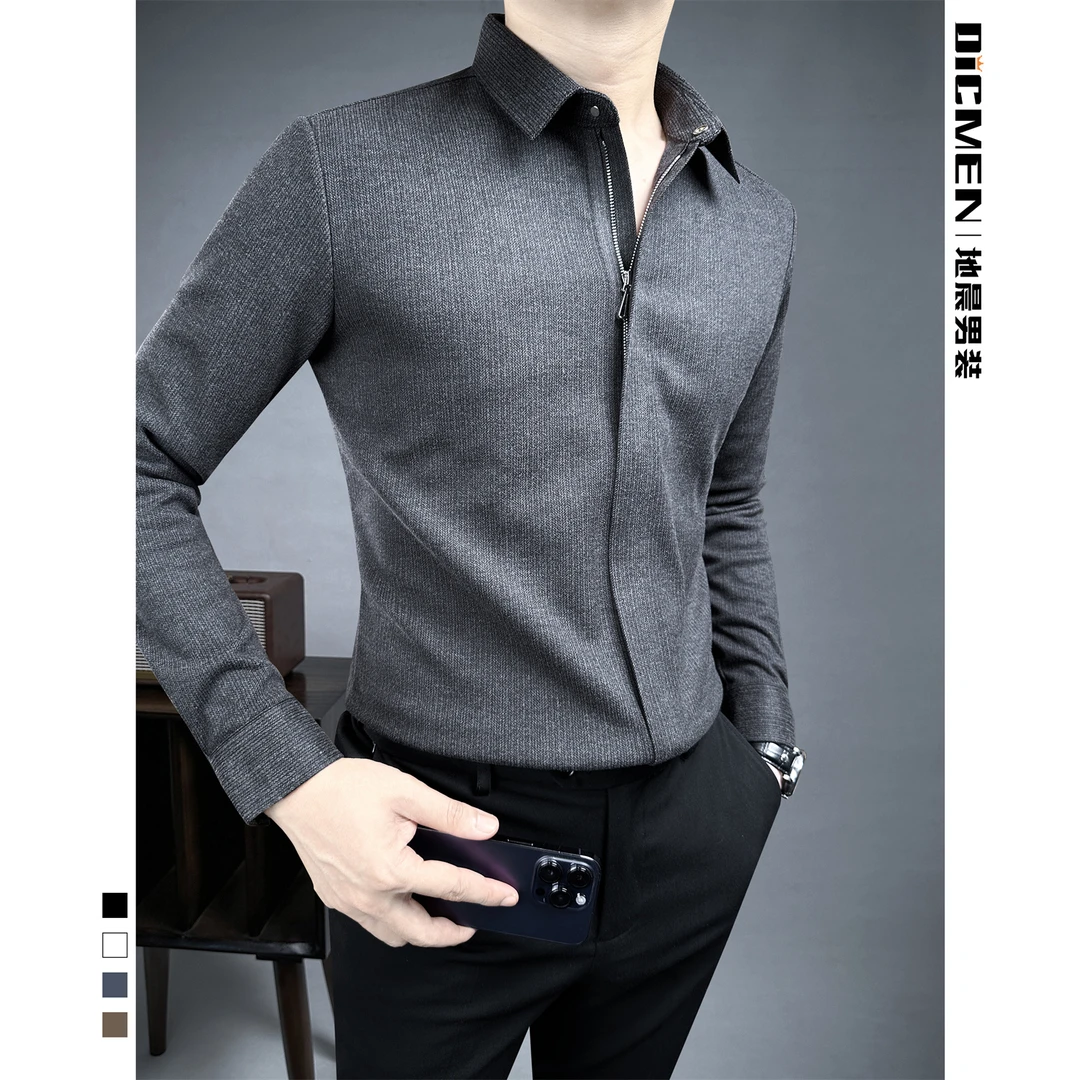 拉链毛呢男士长袖衬衫痞帅男装秋款上新爆款2025新款修身条纹衬衣