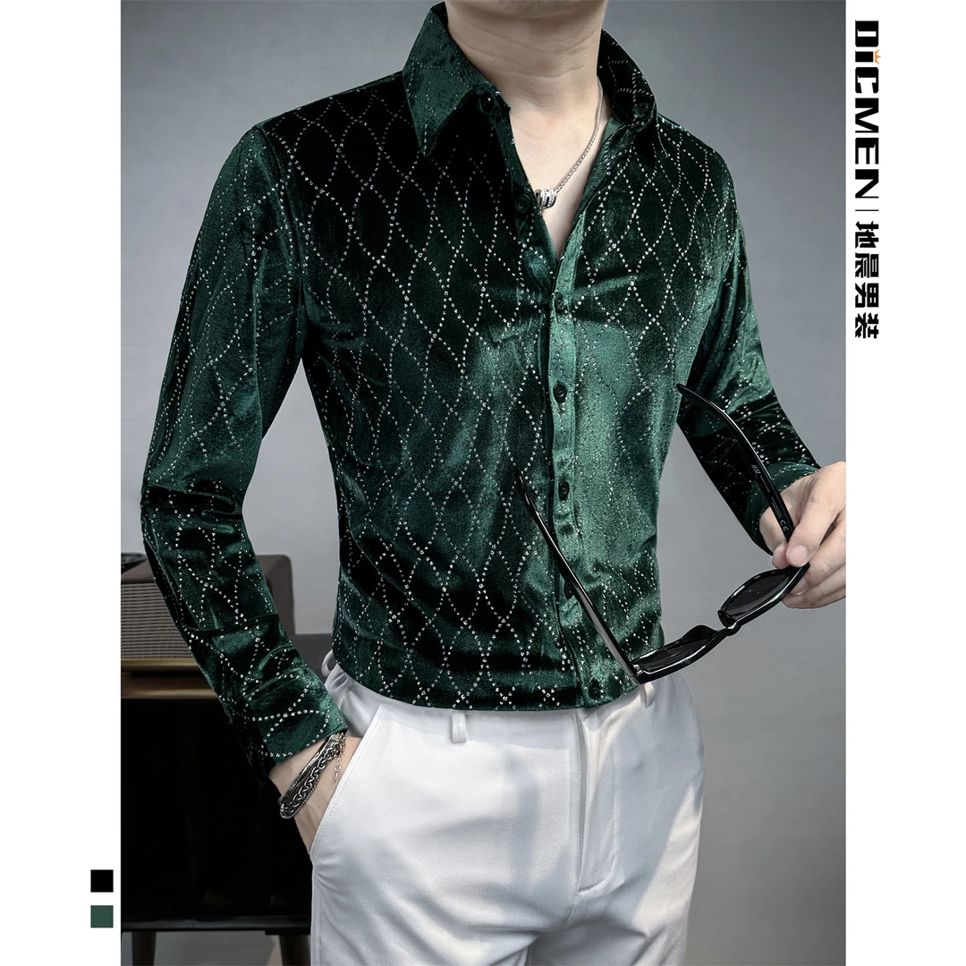 毛绒亮片衬衫男款痞帅风格纹秋冬夜店轻奢男装高级感男士衬衣长袖