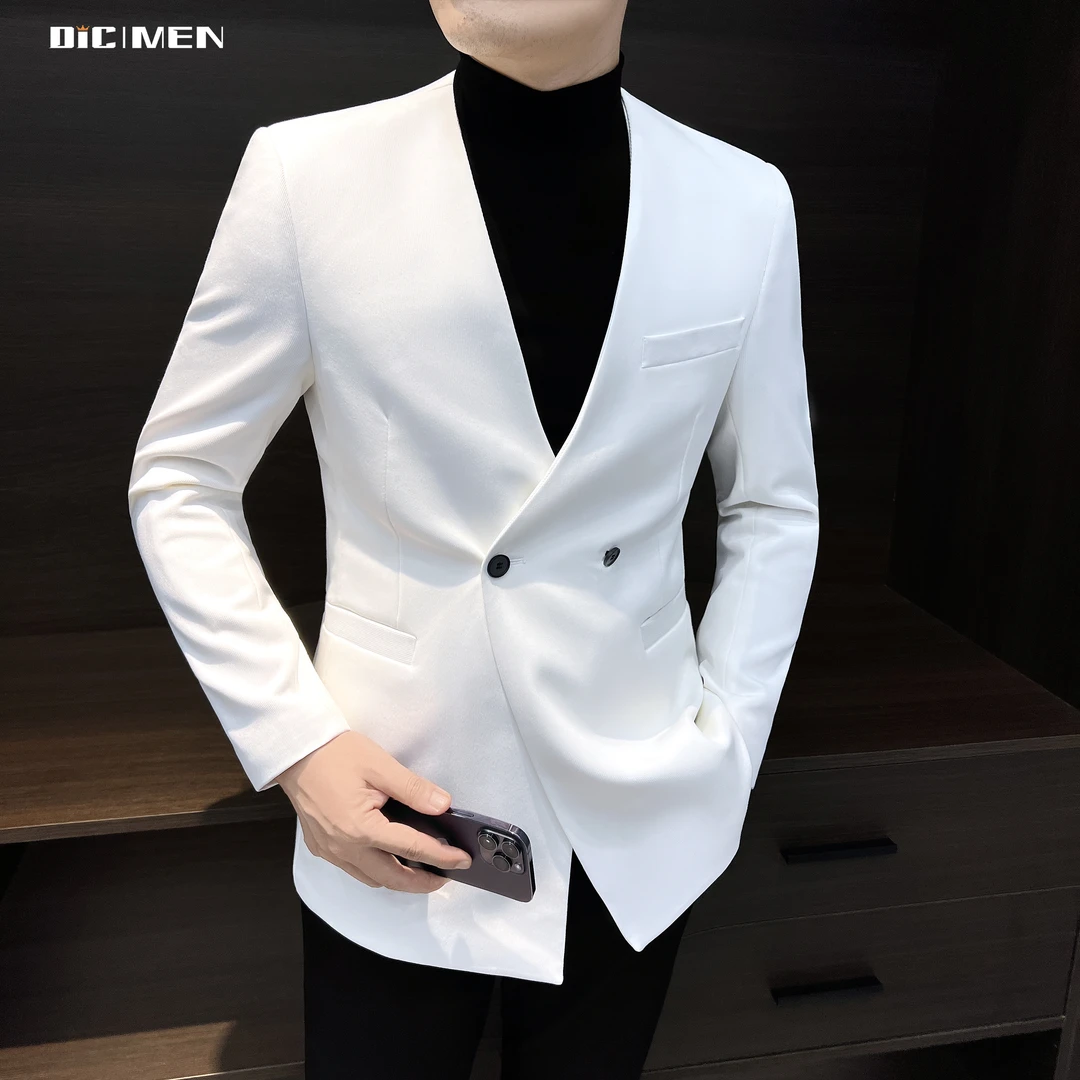 无领男士休闲西装外套炸街潮流男西装韩版修身商务痞帅西服男春季