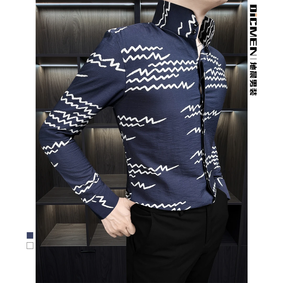 男士波浪印花立领长袖衬衫痞帅男装秋款上新2024爆款修身衬衣男