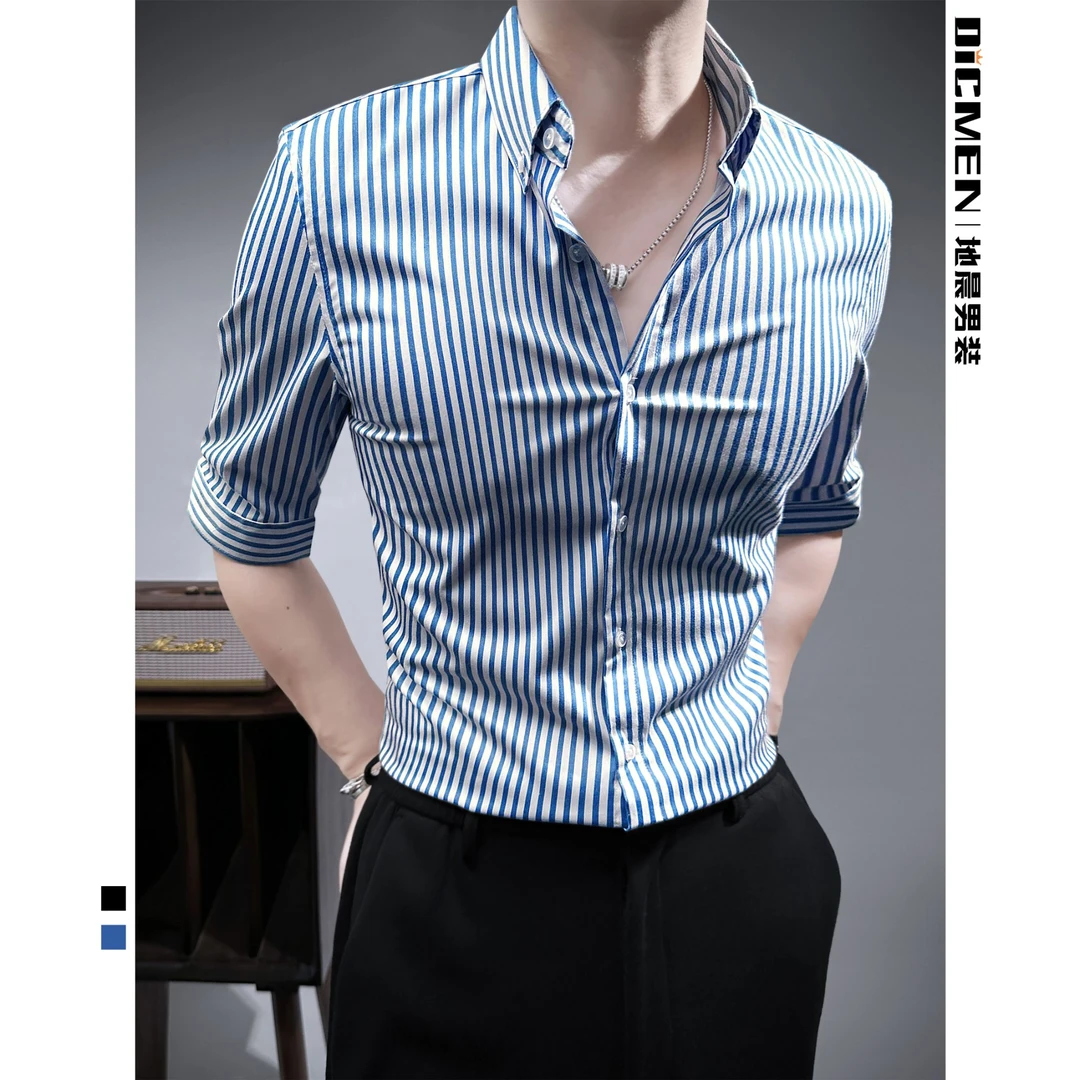 日系细条纹衬衫男款夏季高级感男装复古半袖凉感帅气男士休闲衬衣