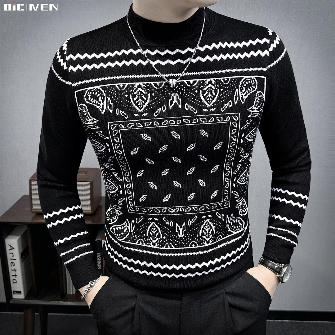 半高领印花毛衣男款冬季长袖时尚内搭圆领韩版男士套头针织衫加厚