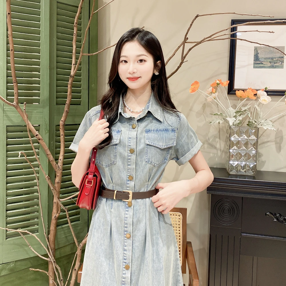 复古气质洗水蓝牛仔长裙翻领收腰减龄中长裙牛仔连衣裙SZ1606999