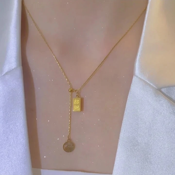铜合金项链 抽拉款福牌小方砖小众设计轻奢项链配饰招财小金砖