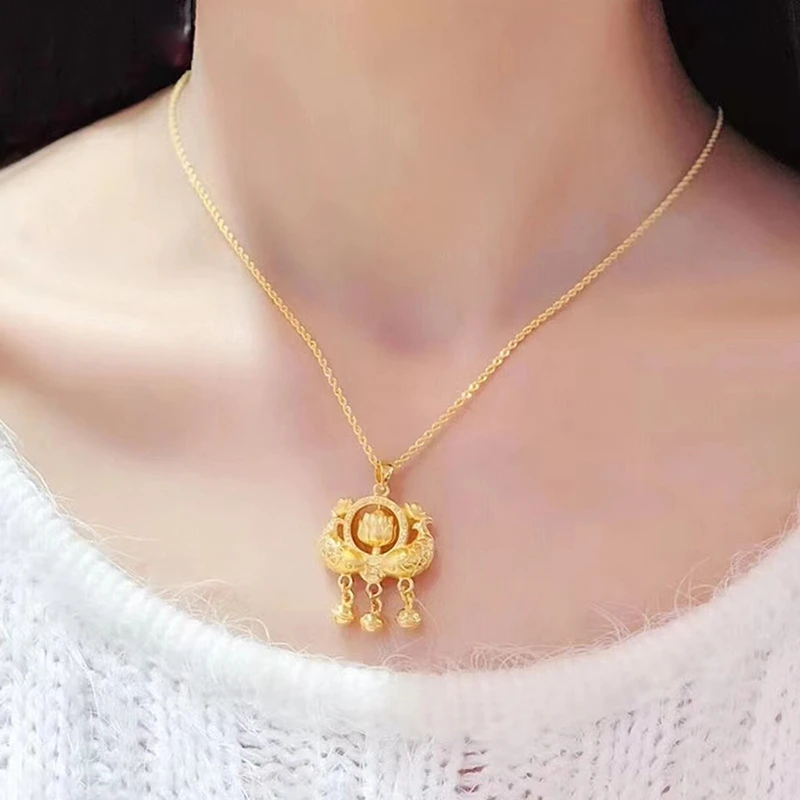 铜合金项链 新款莲花鲤鱼锁项链转运金色黑绳项链女款百搭