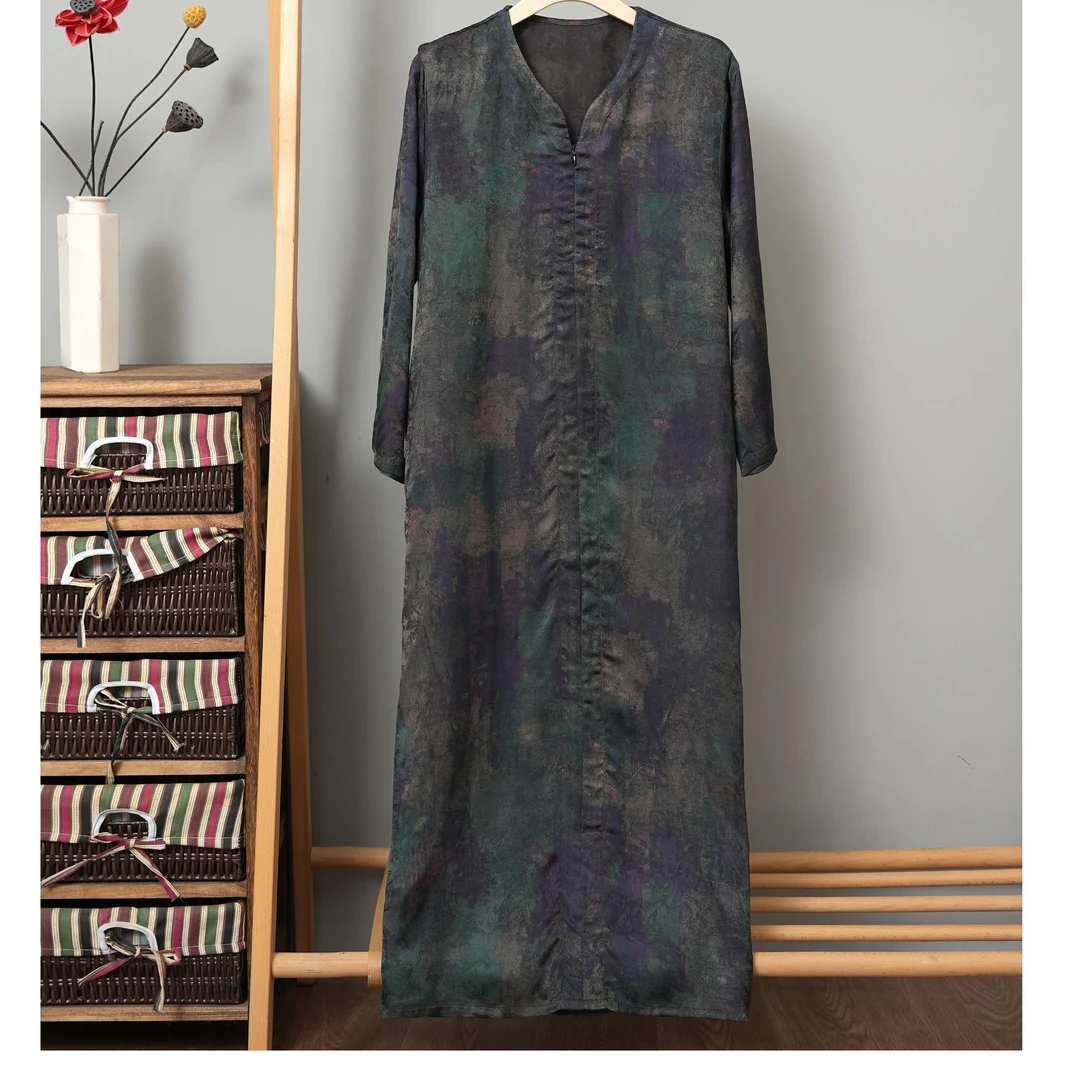 yifucai/伊芙彩新中式连衣裙新款时尚百搭显瘦复古长袖气质中长款