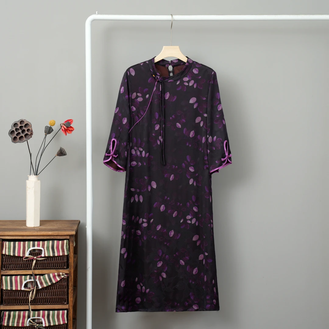 yifucai/伊芙彩紫色连衣裙女秋季2024新款香云纱高端气质优雅裙