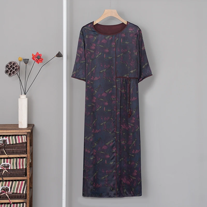 yifucai/伊芙彩2024新款花罗香云纱经典国风圆领气质复古连衣裙女