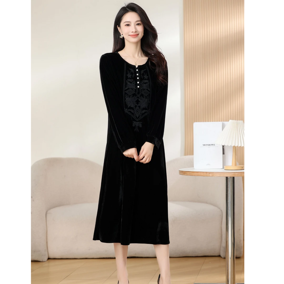 yifucai/伊芙彩时尚丝绒女士连衣裙气质妈妈2024年新款复古装洋气