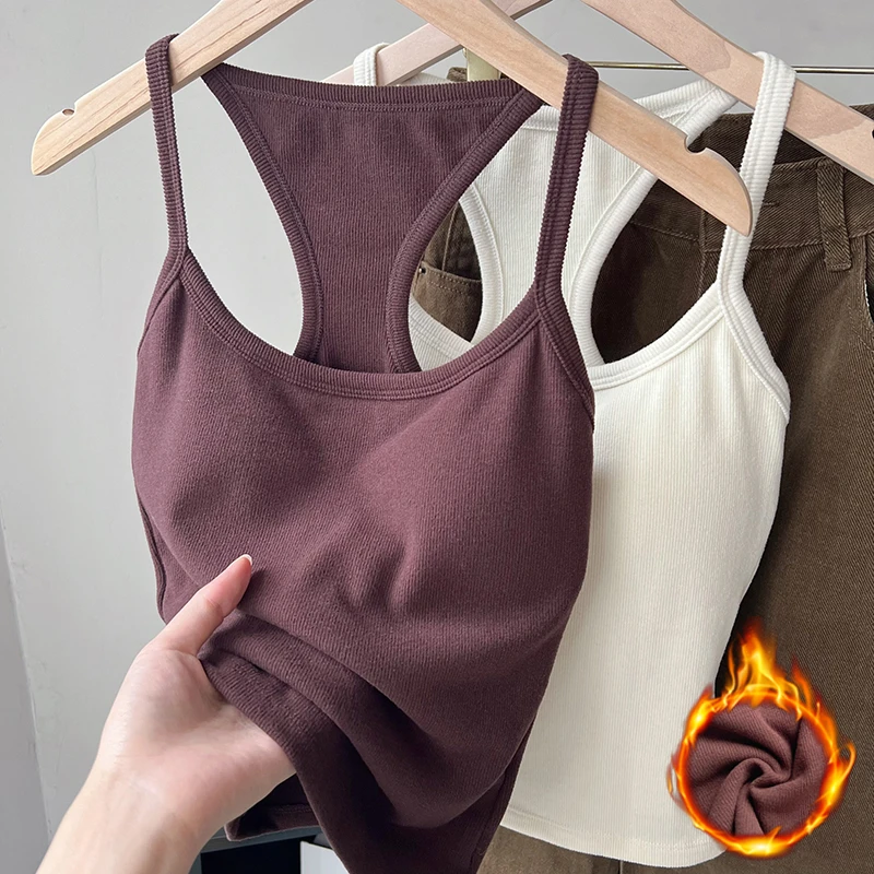 安可拉红色工字型吊带背心女内搭美背文胸一体带胸垫磨毛保暖上衣