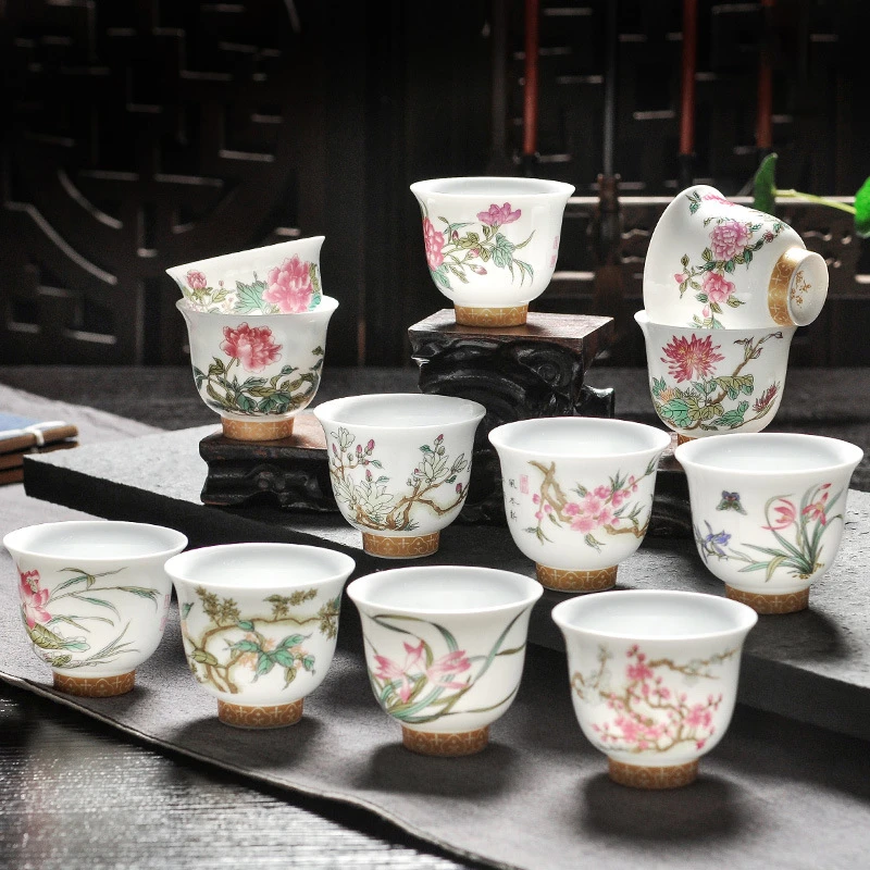 仿古康熙十二花神杯手绘青花斗彩瓷茶杯12只套装景德镇手工陶瓷杯
