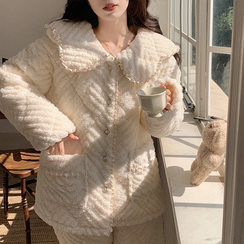 公主风睡衣女冬季珊瑚绒三层加厚夹棉加绒2023新款保暖冬款家居服