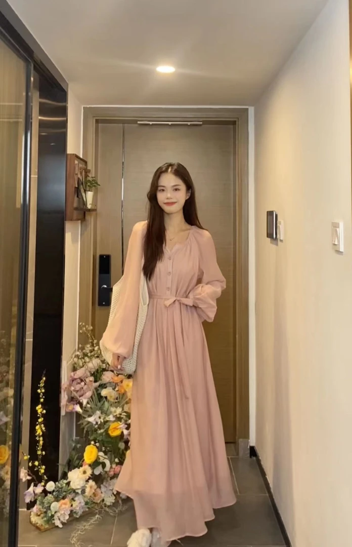 AN.XIN【淡颜少女】 蜜桃女孩穿搭~春季慵懒好穿连衣裙988-1