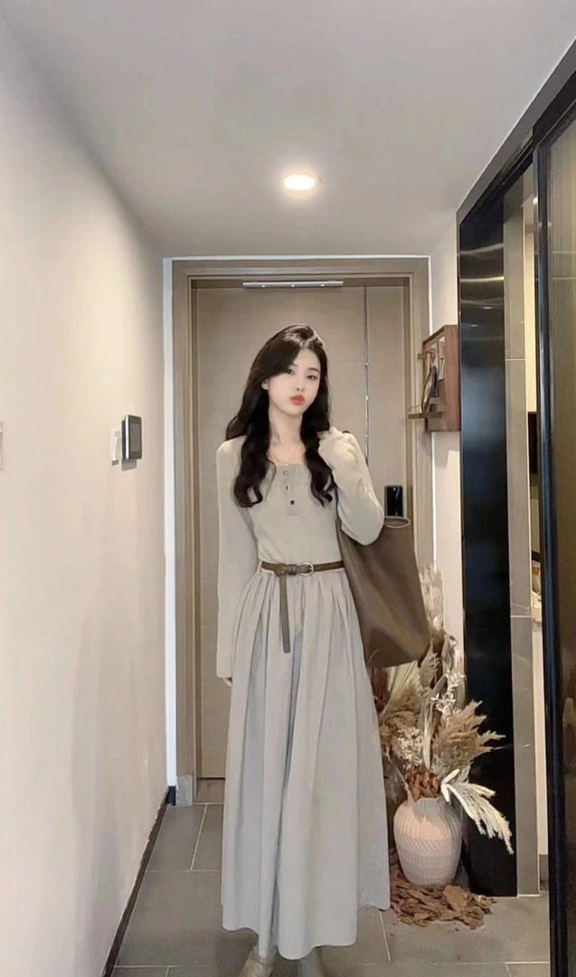 AN.XIN【风的季节】慵懒调性 设计感假两件针织拼接连衣裙128-2