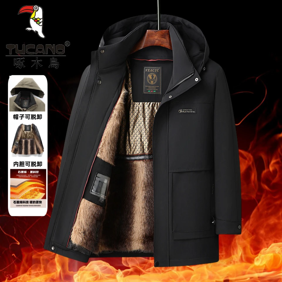 TUCANO/啄木鳥可脱卸内胆帽子秋冬季男士中长款加绒加厚宽松棉衣