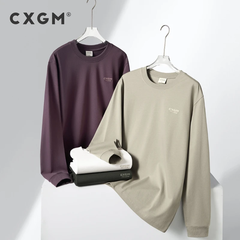 CXGM【275g全棉 40支双纱】圆领长袖t恤 常规宽松100棉可外穿可打底