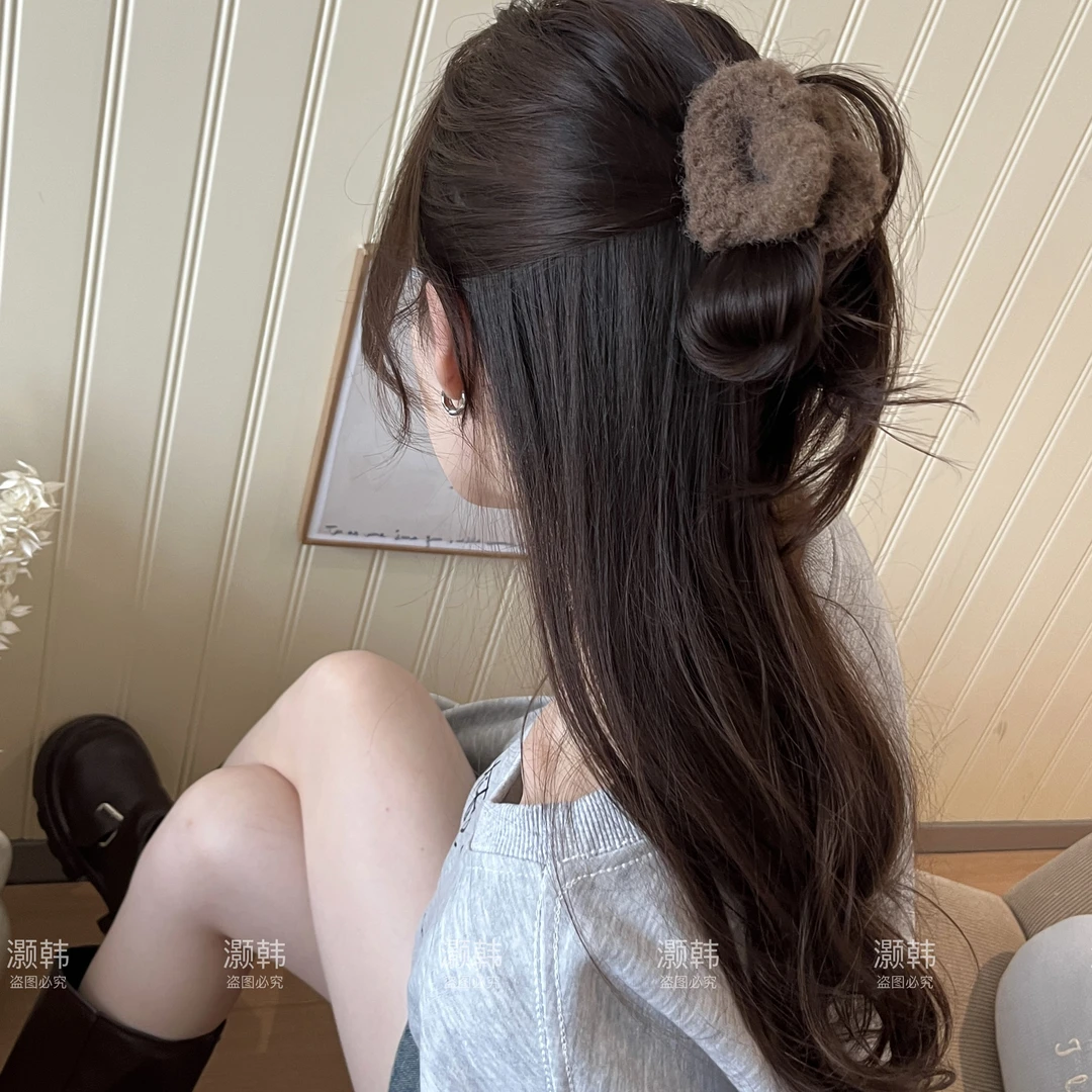 小小泰迪拿下！秋冬新款毛绒卷毛甜美爱心美拉德色系抓夹半夹全盘