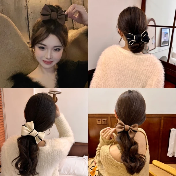 奶咖色系高级感丸子头抓夹发夹女后脑勺网红可爱蝴蝶结发饰品