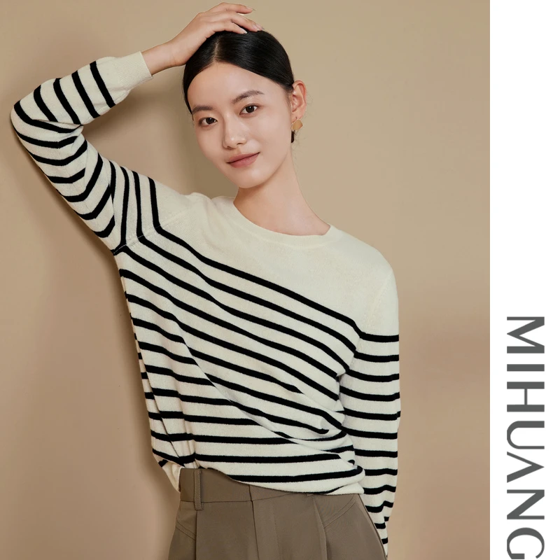 米皇圆领100纯山羊绒女衫条纹上衣撞色套头针织522118