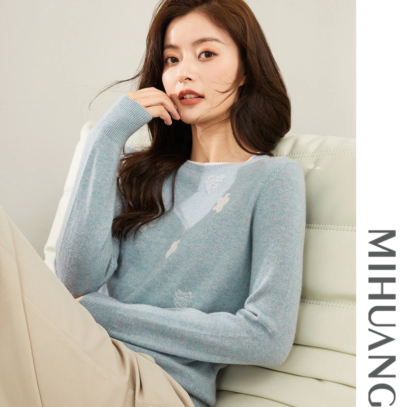 MIHUANG/米皇初秋圆领提花羊绒女衫时尚打底针织衫512102-1