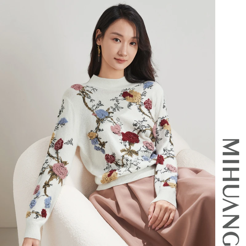 MIHUANG/米皇24明星款奢品手工绣花绣花纯100%山羊绒女衫532222