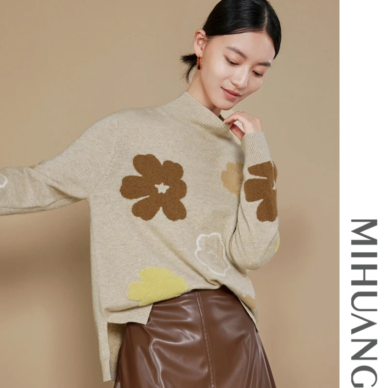 《粉丝专享》半高领嵌花羊绒女衫圆领套头针织提花522108